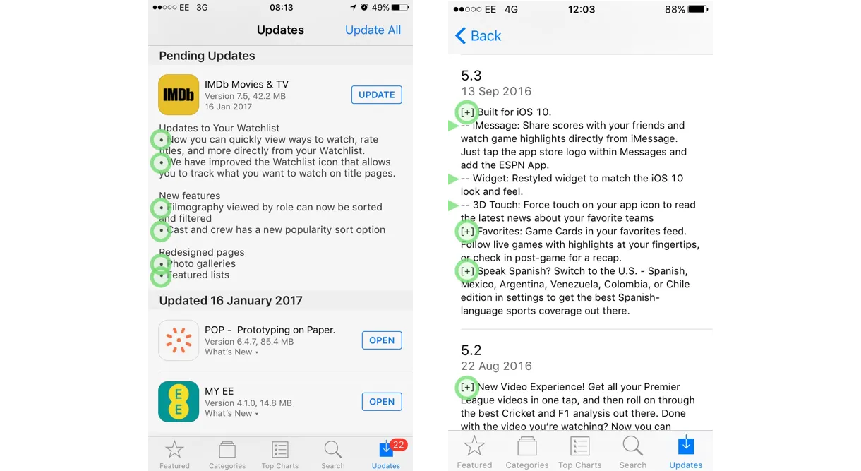 Bullet points help to break up a wall of text — IMDb & ESPN