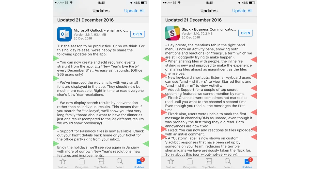 No offence Slack. You guys make some bloody brilliant release notes … but just 1 space between ‘new’ and ‘fixed’ would be amazing — Outlook & Slack